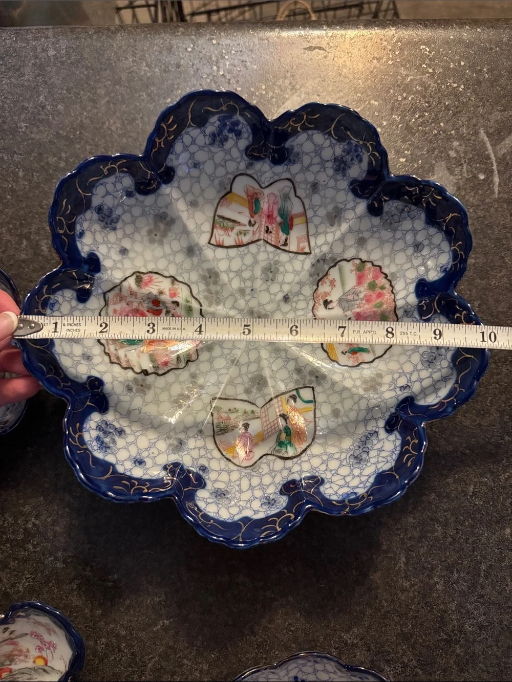 Antique Japanese Kutani Porcelain Geisha Girl Berry Bowls Set - Scalloped 4pc
